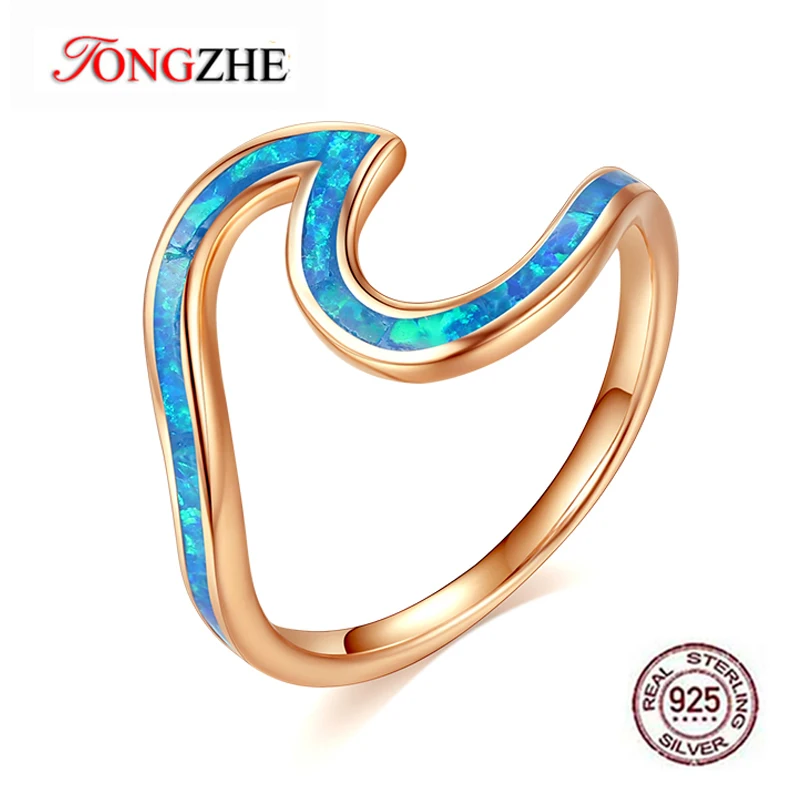 

TONGZHE Blue Opal Wave Ring Vintage 925 Sterling Silver Rings for Women Finger Ring Female Wedding Men Rings Jewerlry Gift