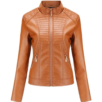 

Spring Autumn Women's Leather Jacket Pu Faux Stand Collar Solid Slim Female Biker Jacket Zipper Pockets Ladies Outerwear