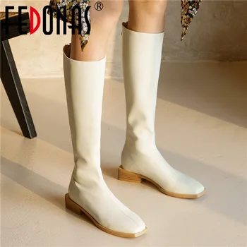

FEDONAS Back Zipper Knee High Boots For Women Wide Leg Genuine Leather Thick Heels Shoes Woman Heels Wedding Party Boots Boots