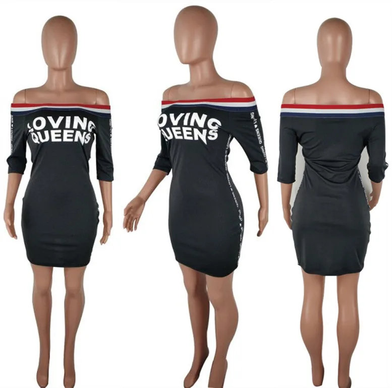 4 Colors! Fashion Women Slash Neck Sexy Slim Dress Summer Letter Print Sexy Bodycon Bandage Dress Vestidos SQ5080