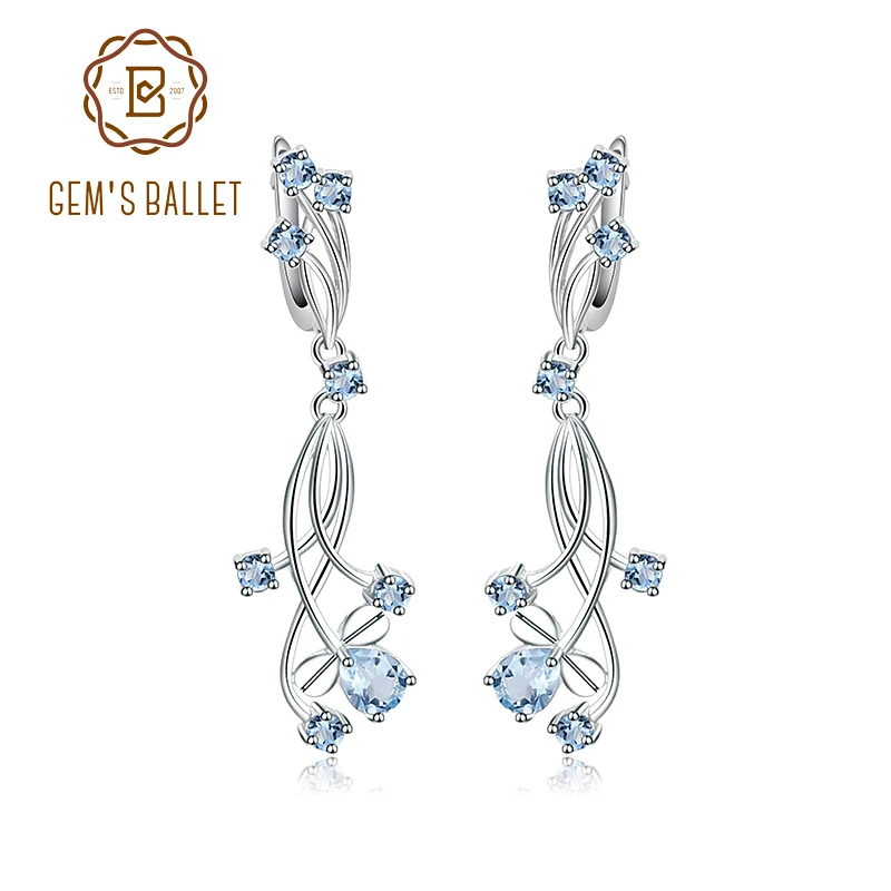 GEM'S BALLET Flower Design 3.89t Natural Sky Blue Topaz Gemstone Drop Earrings For Bridal 925 Sterling Silver Wedding Jewelry