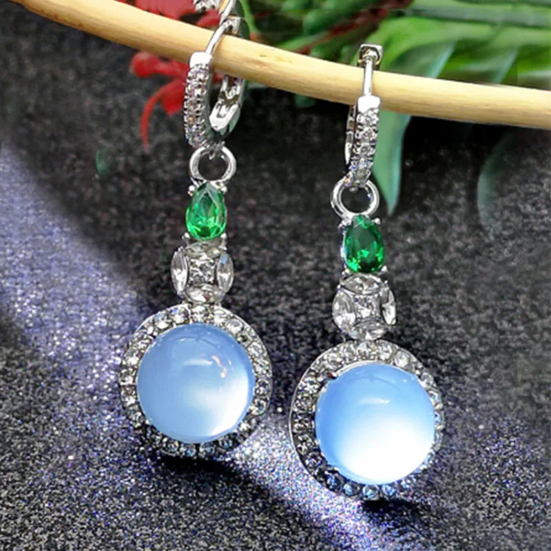 Fashion new big round moonstone earrings green color moonstone with small zircon long earrings gift / anniversary C4M043