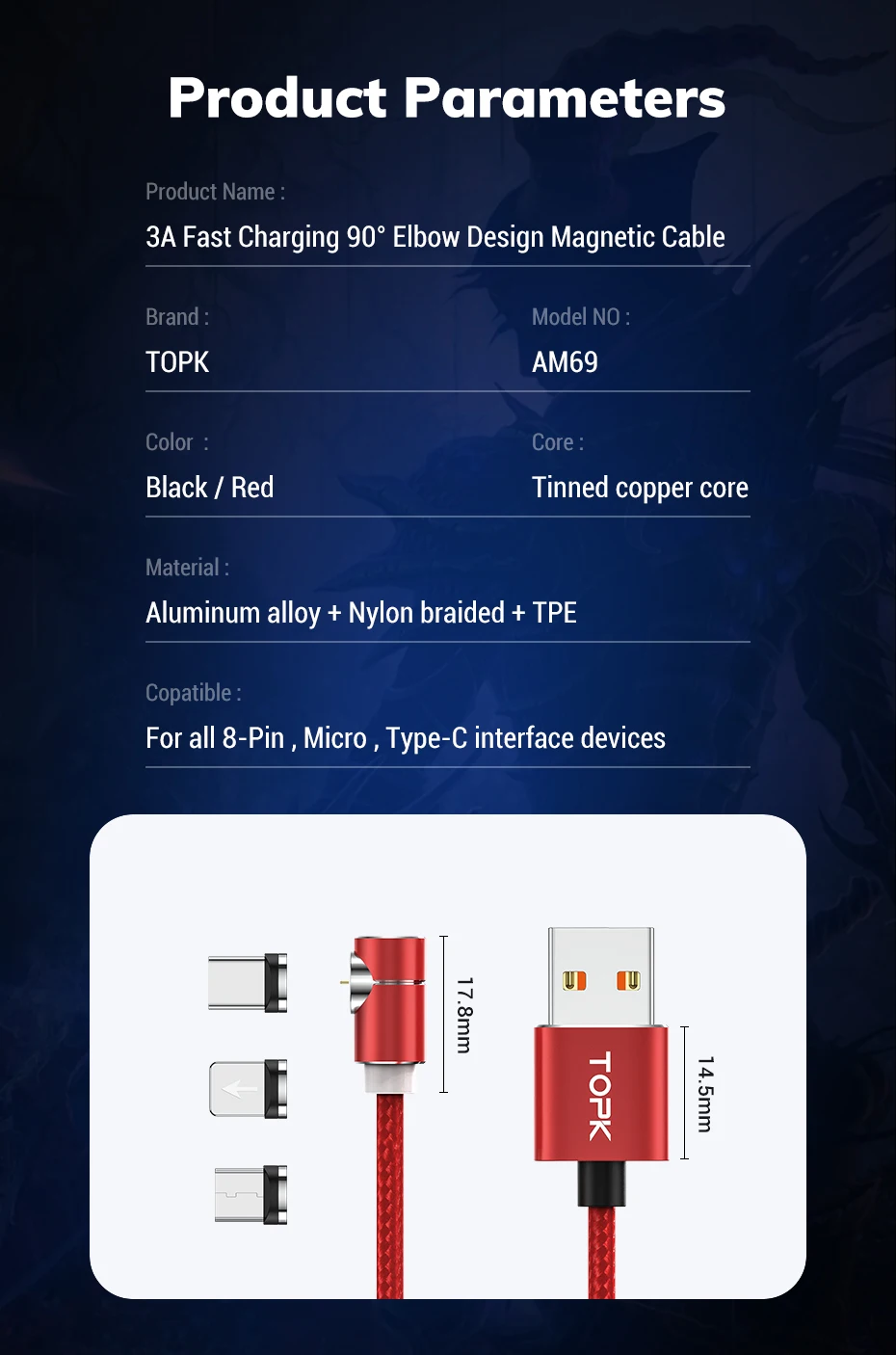 TOPK Led 3A Магнитный USB быстрый заряд кабеля USB C type кабель для samsung Phone& 8pin зарядный кабель и Micro USB 5pin кабель