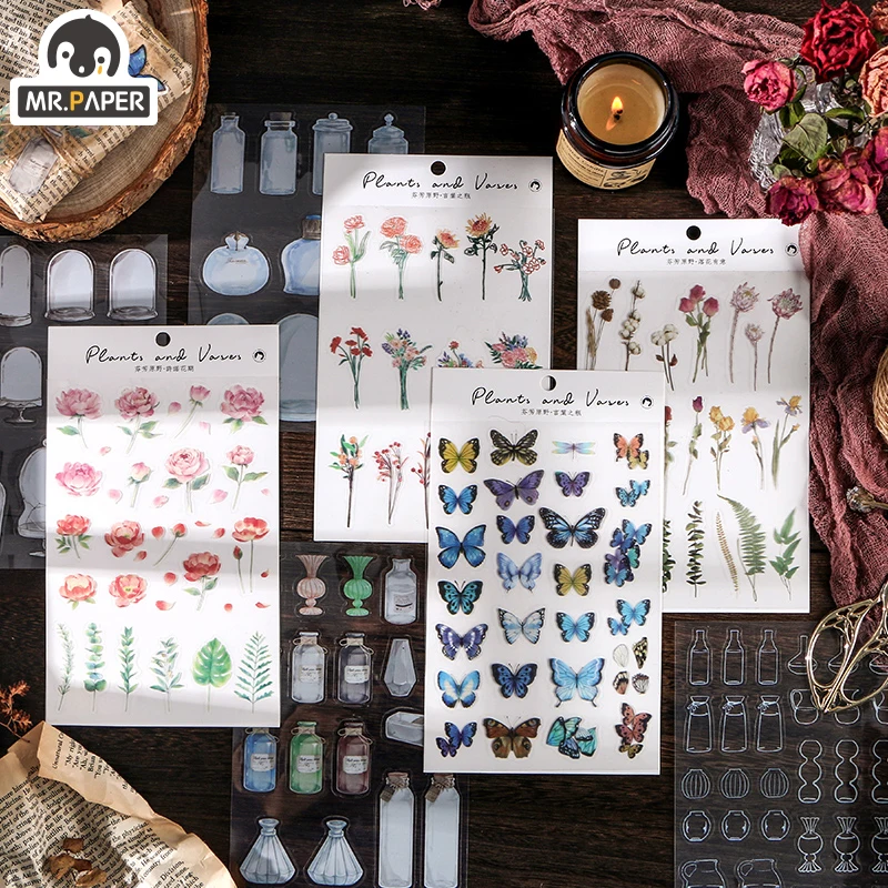 

Mr.paper 2Pcs Retro Collection Flower Bottle Leave Deco Diary Material Sticker Scrapbooking Planner Decorative School Stationery