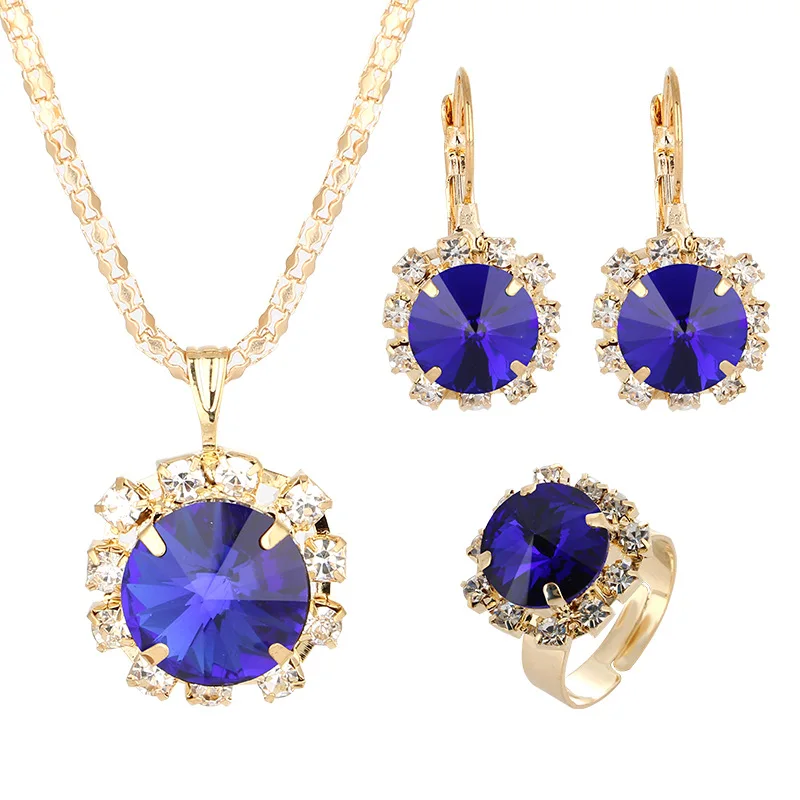 

Fashion 7 Colors Round Shape Crystal Pendant Necklace Earring Ring Set Charm Elegant Jewelry Set Women Valentine Wedding Gifts