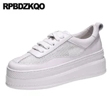 Женщин криперы обувь на платформе меш Muffin белый танкетке лифт зашнуровать кроссовки повседневная выдолбить воздухопроницаемый воловья кожа Толстая подошва отправка капель последние красивая европейская Мода весенняя