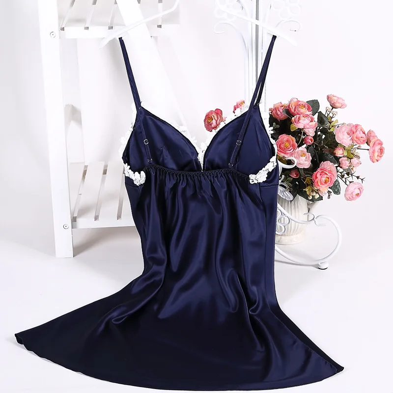 Navy Blue Summer Night Robe Sexy Women 2PC Strap Top Sleepwear Sets Casual Pajamas Home Wear Nightwear Sleep Kimono Bath Gown