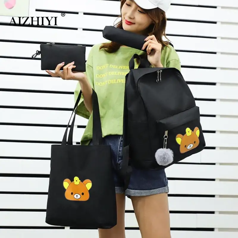 4pcs/set Bear Print Composite Bags Backpacks Women Big Totes Clutch Pen Bag Backpack Zipper Travel Shoulder Bag For Teenage Girl