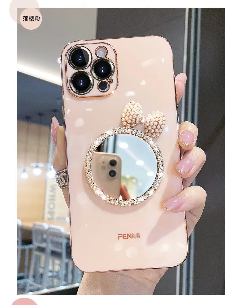 Luxury Brand 3D Makeup mirror Pearl Bow Phone Case For Iphone 12 11 Pro Max 6 7 8 Plus X XR Fashion Plating Glitter Soft Cover