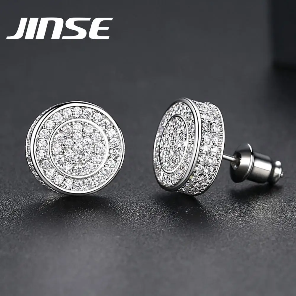 JINSE 11 мм круглые серьги гвоздики со льдом из фианита для мужчин