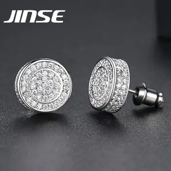 

JINSE 11mm Round Iced Cubic Zirconia Stud Earrings For Men Gold Silver Color Rhinestone Earring Fashion Hip Hop Jewelry Gift