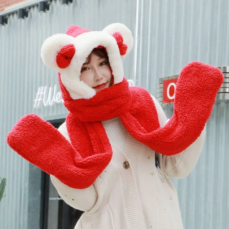 Женская зимняя плюшевая теплая шапка 3 в 1 с милым бантом с ушками медведя шарф с капюшоном перчатки