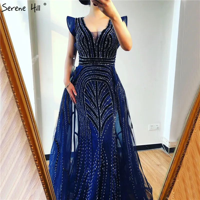 long evening dress Dubai Deep-V Crystal Sexy Luxury Formal Gowns 2021 Sleeveless Heavy Beading Evening Dresses Design Serene Hill LA70198 black formal gown