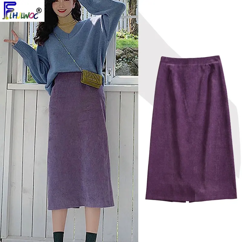 Женская винтажная юбка с разрезом фиолетовая высокой талией в японском и