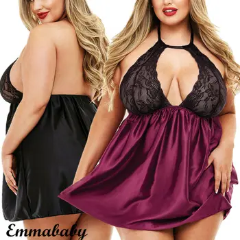 

Women Sexy Sleeveless Babydoll Lingerie Nightdress Lace Deep V Nightwear Large Size L-5XL