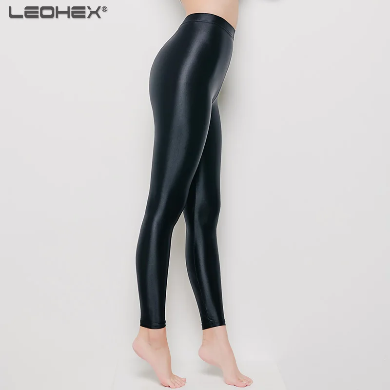 Legging-Black LEOHEX, атласные глянцевые трико, сексуальное бикини с высокой посадкой, стринги, боди, Женский Блестящий Цельный купальник, купальный костюм - Цвет: Legging-Black