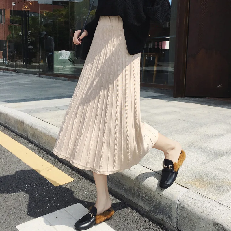 

2019 New Style Autumn And Winter Mid-length Thick Slimming High-waisted A- line Skirt-Style Long Skirts Thread Knitted Skirt Wom