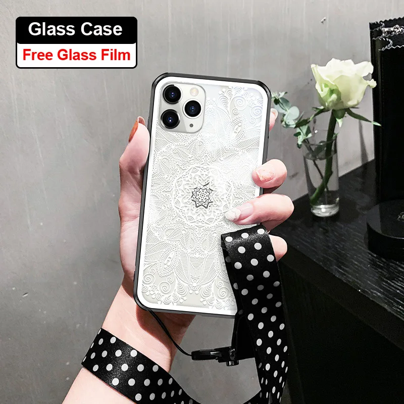 Для iphone 11 pro max 6,5 6,1 чехол из закаленного стекла защита телефона девушка кружева телефонные чехлы для iphone 11 pro стеклянная крышка - Цвет: mantuoluo