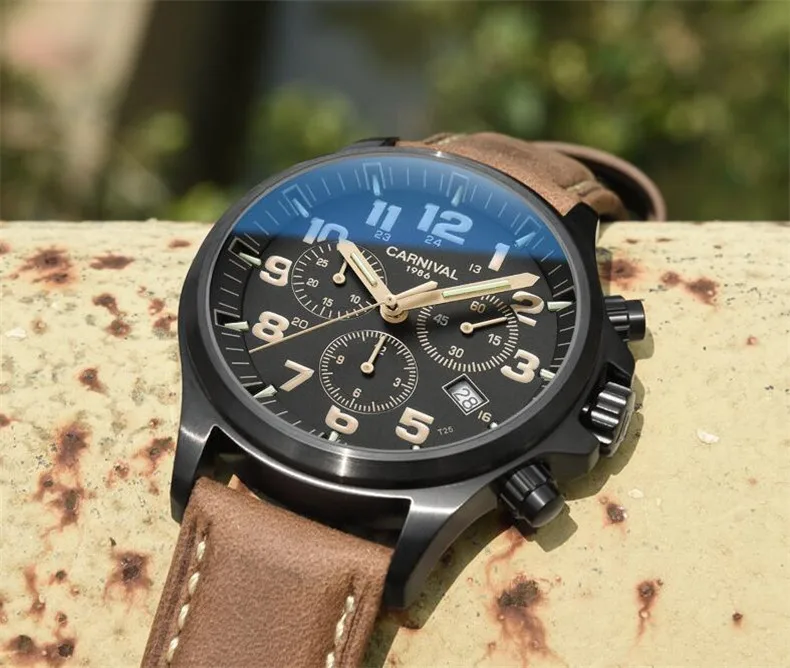 Мужские кварцевые часы с двойным календарем водонепроницаемые T25 tritium