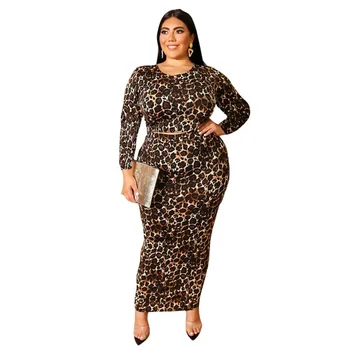 

Plus Size Women Leopard Print Suits Long-sleeved Fashion Top and Skirts Set