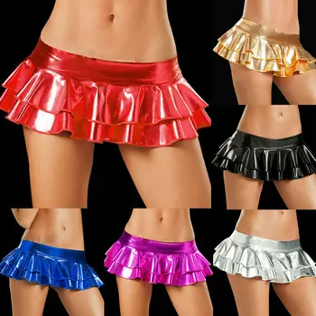 

2019 Hot Micro Dance Club Skirt Mini Bodycon Metallic PU Leather Skirt For Women Girl