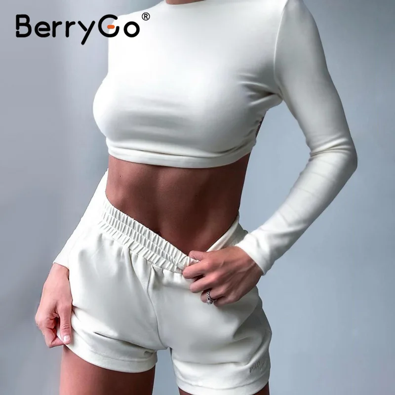 BerryGo Sexy turtleneck two-piece women shorts set Casual short sleeve womens tracksuit Tight female suits summer sport suit