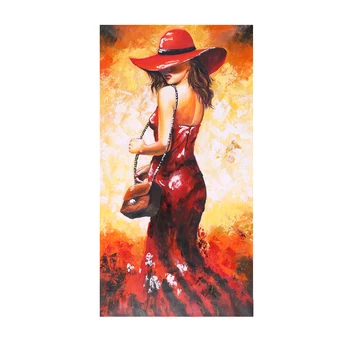 

Hand-Painted Oil Painting Waterproof Unframed Abstract Lady in Red Dress Canvas Picture Wall Art Painting Decor 24 x 47 in