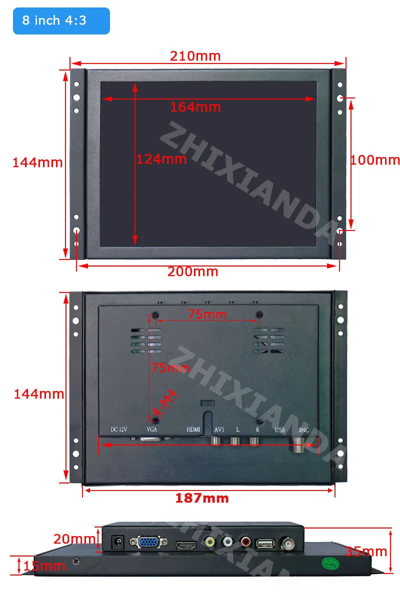 Zhixianda 8 дюймов 4:3 1024*768 металлический чехол с открытой рамкой lcd сенсорный экран монитор с резистивным сенсорным экраном монитор