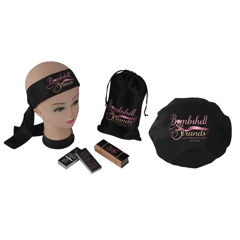 

Custom human virgin Hair extensions bundles packaging, satin wrap headband, bag, tags and stickers labels,cap bonnet