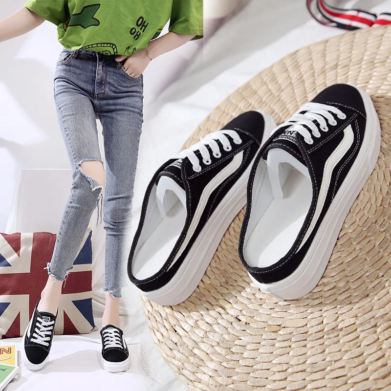 

No Heel Lazy Canvas Slipper Women's 2019 Summer New Style Slip-on Students Outer Wear Casual Closed-toe Semi-Slipper