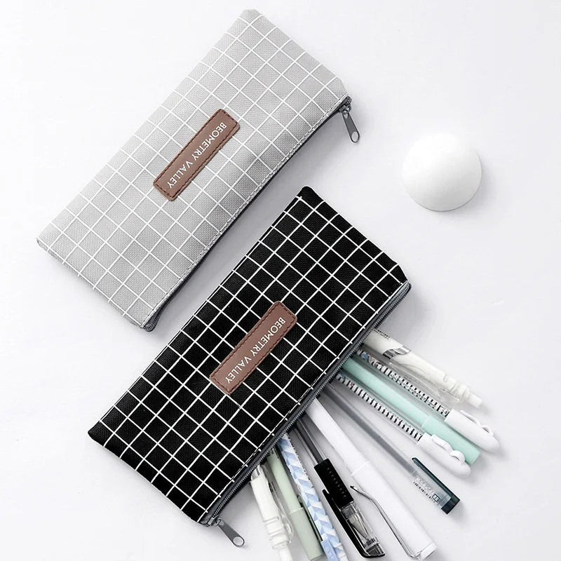 

simple plaid canvas zipper pencil case pencil box pencil bag kids office stationery desktop Organizer school supplies coin purse
