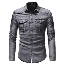 Primavera outono 2022 de alta qualidade denim camisa masculina casual manga longa caber magro personalidade bolso preto azul camisa plus size 3xl