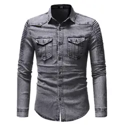 Primavera outono 2022 de alta qualidade denim camisa masculina casual manga longa caber magro personalidade bolso preto azul camisa plus size 3xl
