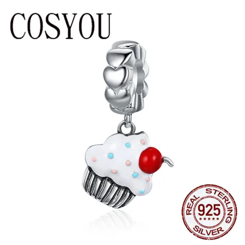 

COSYOU 2019 Hot Sale 925 Sterling Silver Sweet Cherry Cream Cupcake Pendant Charms fit Women Charm Bracelets Fine Jewelry SCC350