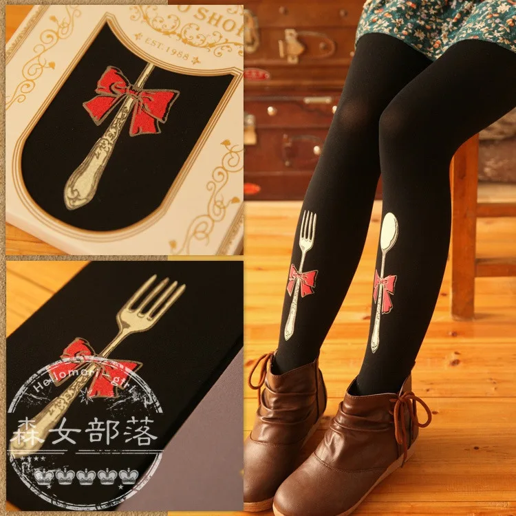 Милые женские бархатные колготки в стиле Лолиты AlicKawaii Alice in Wone Fork& Spoon, милые колготки в стиле Харадзюку, Колготки в стиле мори для девочек, 120D, чулки, 5 цветов