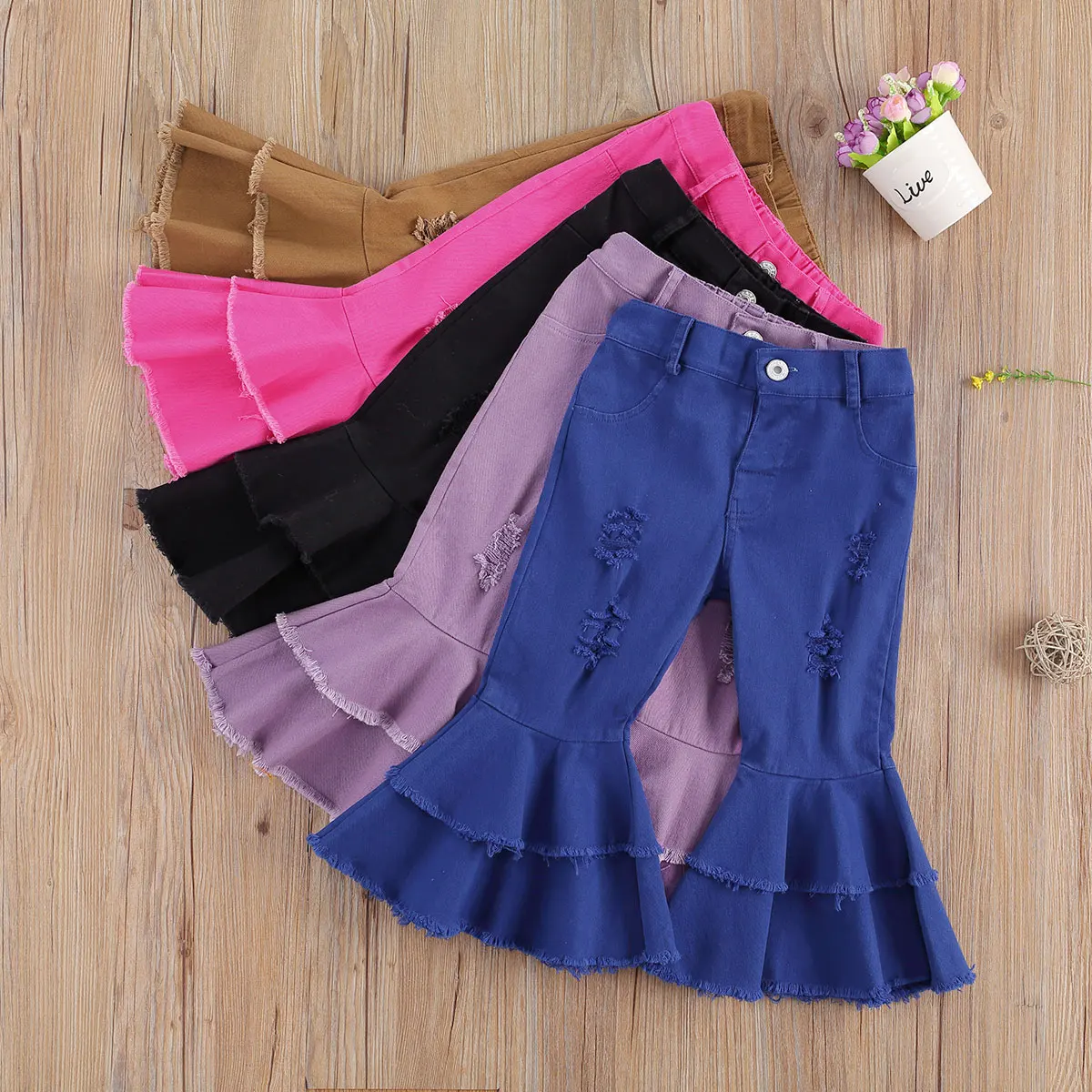 

Fashion Children Autumn Outfits, Solid-Color Ripped Double-Layer Bell-Bottomed Pants with Pockets for Little Girls, 1-6 Years