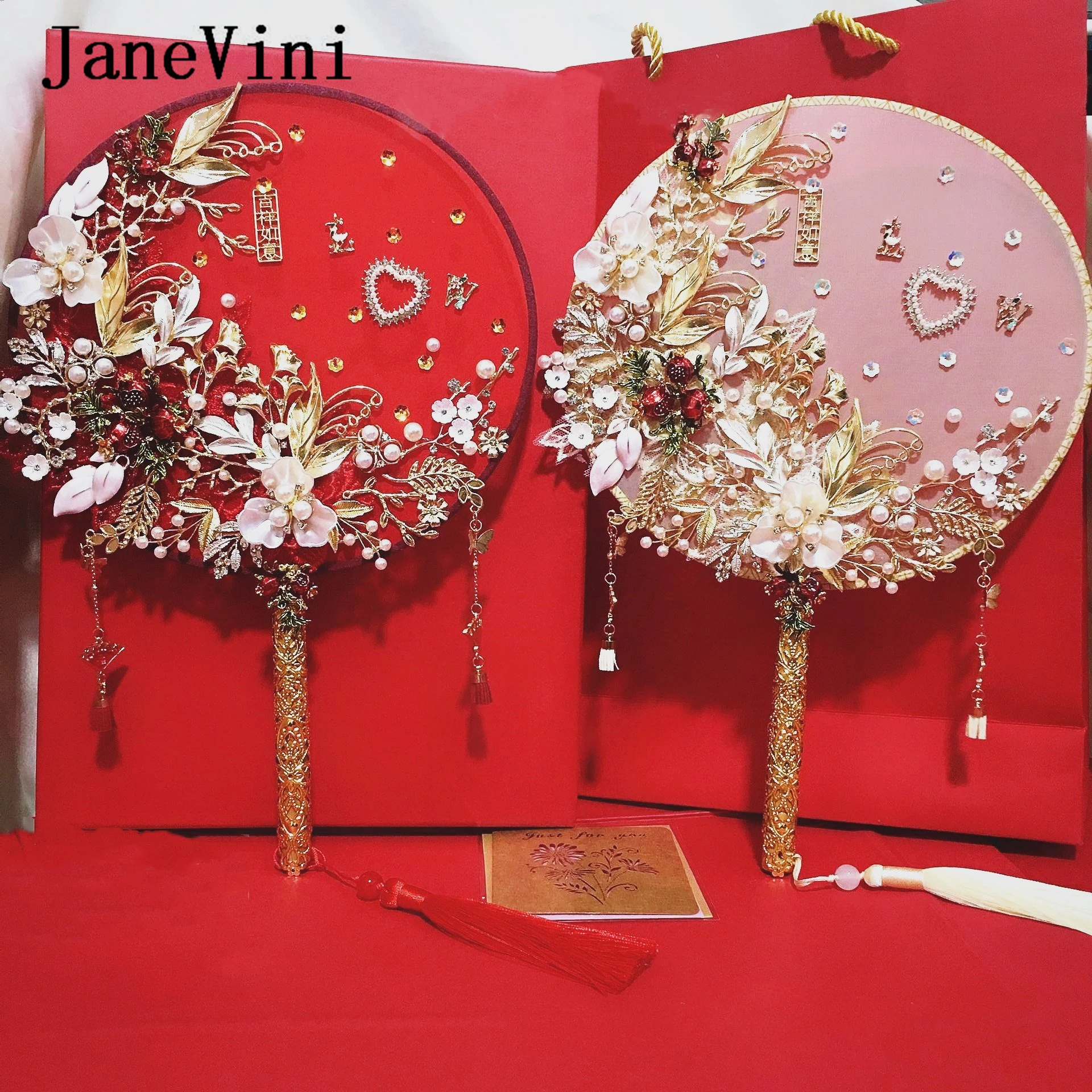 JaneVini Luxury Chinese Bridal Hand Bouquet Fan Cover Face Artificial Flowers Pearls Metal Round Fan Wedding Jewelry Accessories