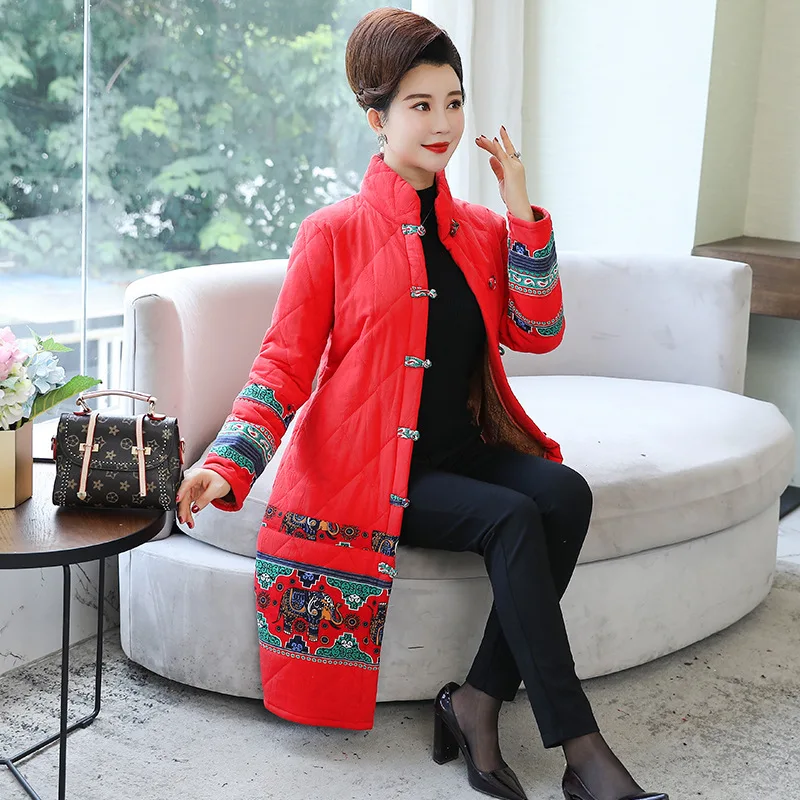 

2019 Autumn And Winter New Style Ethnic-Style Large Size Dress Cotton Linen Printing plus Velvet Padded Medium-length Cotton Ove