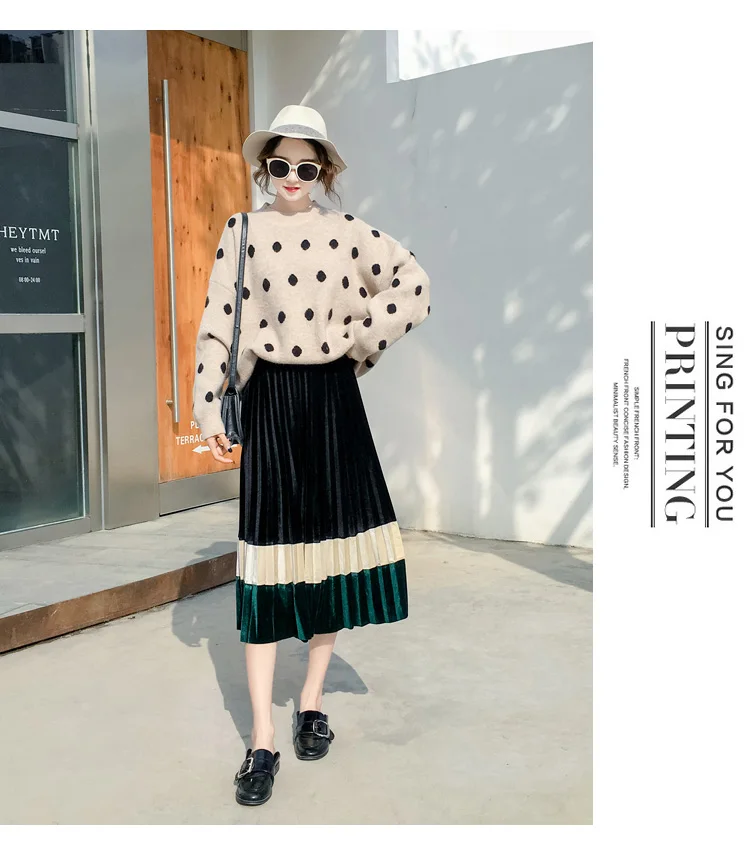 TOTNWANG Winter Vintage Velour Midi Skirt Women Casual Elastic High Waist Pleated Skirts Solid Patchwork Color Block Skirt Femme