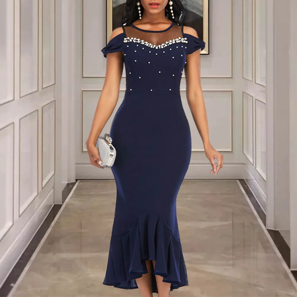 

Autumn Women's Sexy See-through Mesh Patchwork Beaded High Waist Plus Size Evening Dress Mesh Elastic Sexy Party Dresses