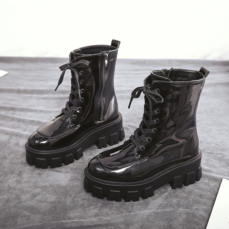 

Glitter Combat Boots For Women Fashion Rubber Boots 2019 New Fall Boots Women Lace Up Punk Combat Boots Bling Black Leather Boot