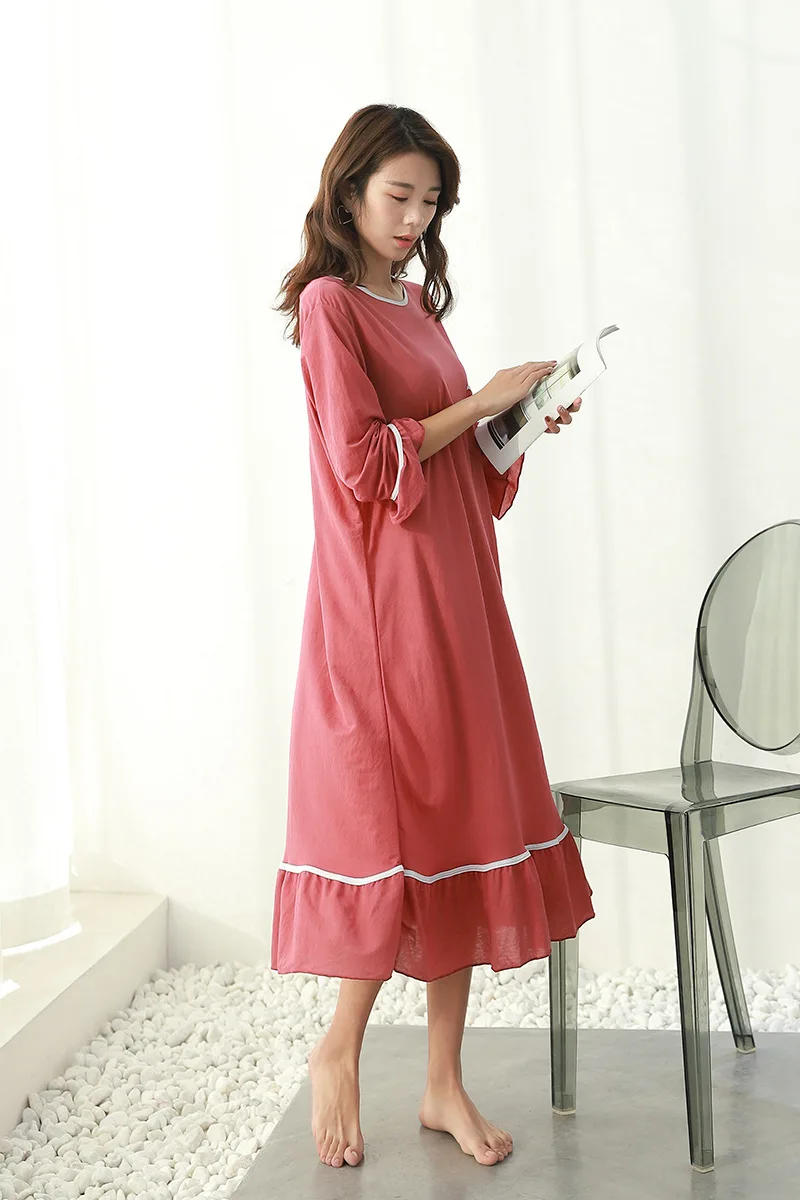 Autumn New Style Large Size Pajamas Dress Plus-sized Womenswear Size Long Sleeve Nightgown Loose-Fit Slimming Contrast Colo