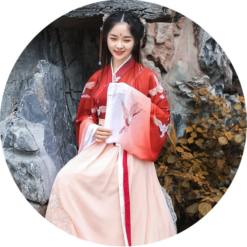 Hanfu женское летнее платье в китайском стиле с вышивкой в пол, винтажное платье свободного кроя с принтом и расклешенными рукавами, длинное платье для женщин