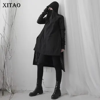 

XITAO Black Irregular Long Parkas Women 2019 Winter Single Breast Full Sleeve Elegant Long Turtleneck Pleated Parka ZLL4531
