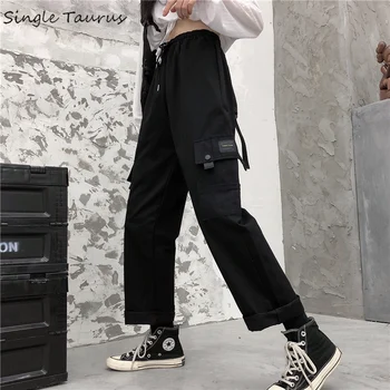 

Safari Style Cargo Pants Women High Waist Spliced Pockets Sweatpants Streetwear Black Joggers Trousers Loose Women Clothes 2020
