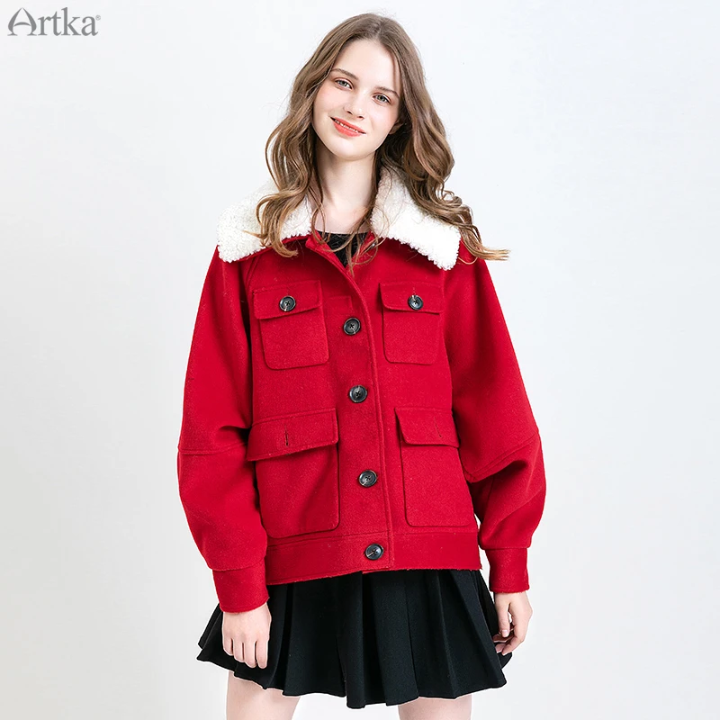 Красный ARTKA/Новинка года; зимнее женское Шерстяное Пальто; однобортное утепленное шерстяное пальто с карманами и отстегивающимся воротником из овечьей шерсти; Верхняя одежда; WA10193Q - Цвет: Красный
