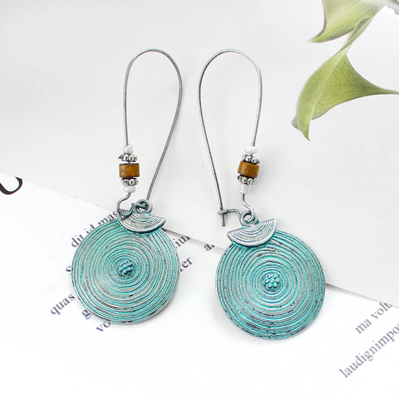 

Vintage Blue Bohemian Exaggerated Bronze Disc Carved Screw Thread Ethnic Garment Accessories Baroque Pendant Earrings