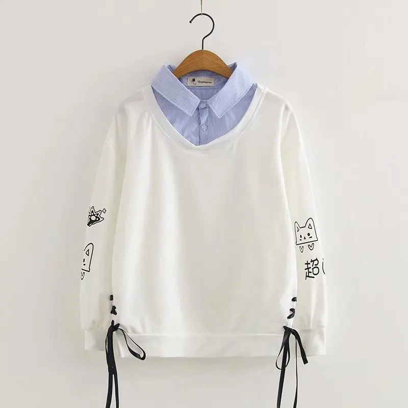 White Photo Color 1 Веселая Красивая Для женщин с рисунком кота из мультфильма Harajuku толстовки зимняя одежда с длинным рукавом, отложным воротником со стойкой, милые пуловеры тренировочные костюмы - Цвет: White Photo Color 1
