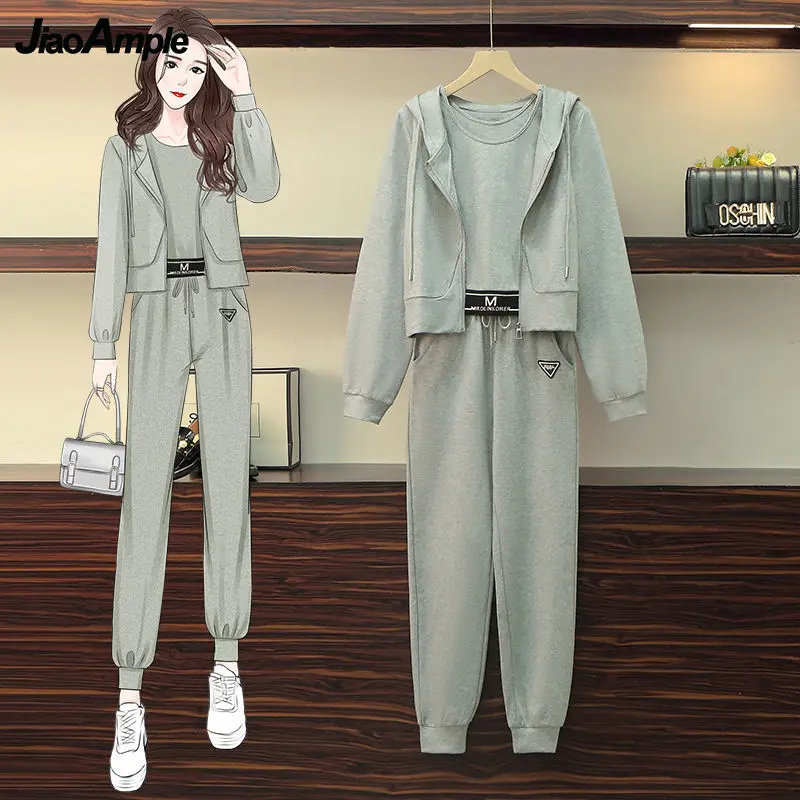 Women's Tracksuit 2021 Spring Fall New Sportswear Korean Casual Jacket Vest Pants Three-piece Female Elegant Waist Trousers Suit hooded short sleeve top and cropped pants trousers set women 2021 summer thin casual loose homewear set oversized pajamas set