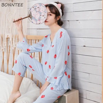 

Pajama Sets Women Trendy All-match Simple Printed Korean Style Womens Clothing Elegant Long Sleeve Home Soft Spring Chic V-Neck
